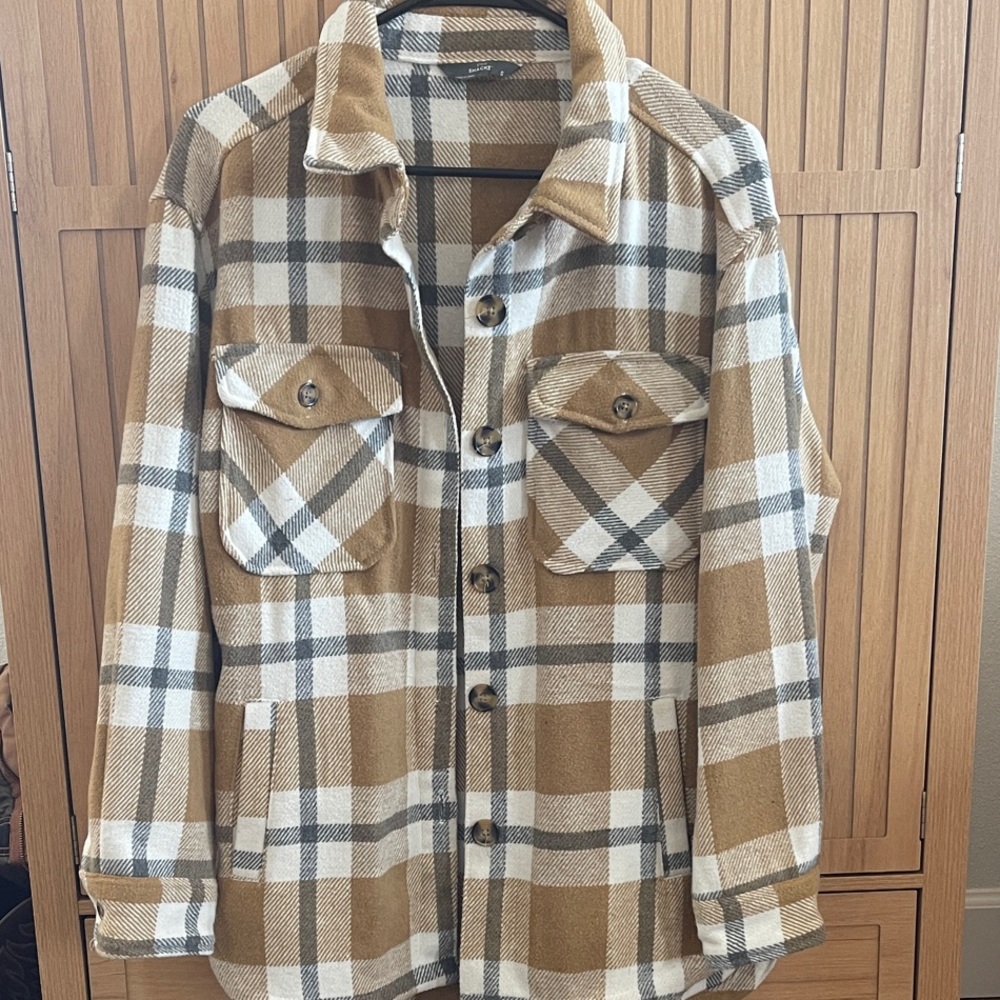 Plaid Tan and White Oversized Shacket